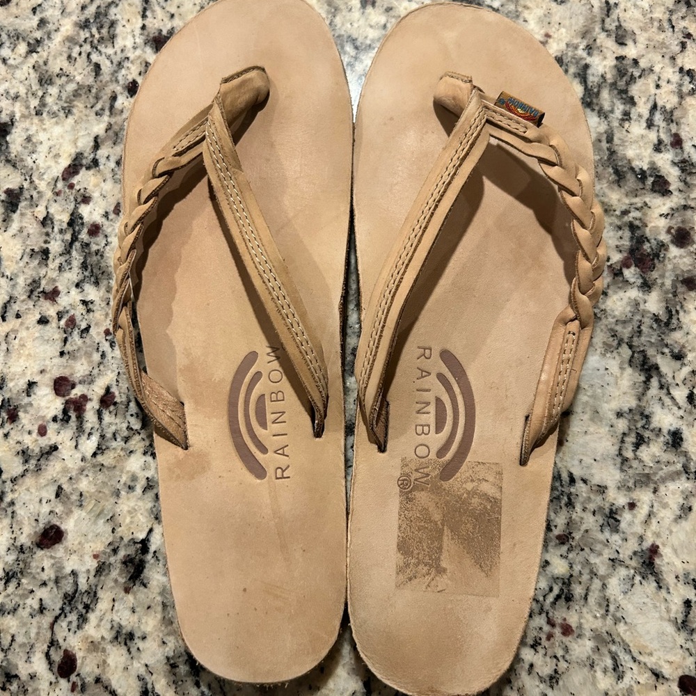 Rainbow Flirty Braidy Leather Sandals Large 10.5 inches Tan